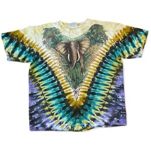 Vintage 1990 Liquid Blue tie-dye, cotton T-shirt, elephant, jungle Safari 90s